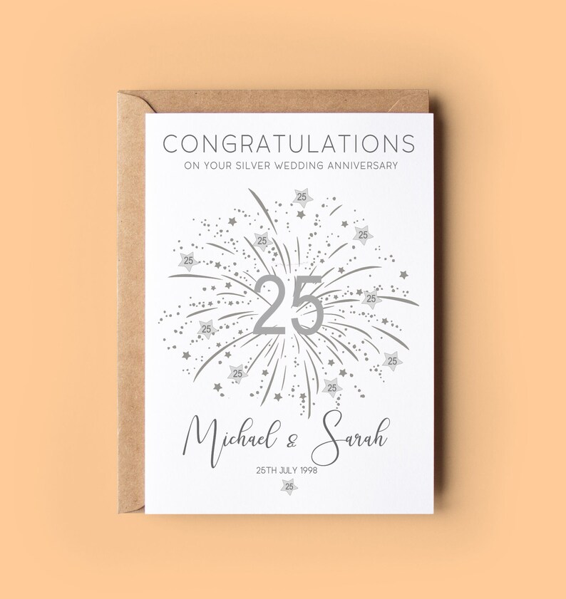 Congratulations on your silver wedding anniversary with silver number 25 and stars, personalised with the couples names and date
