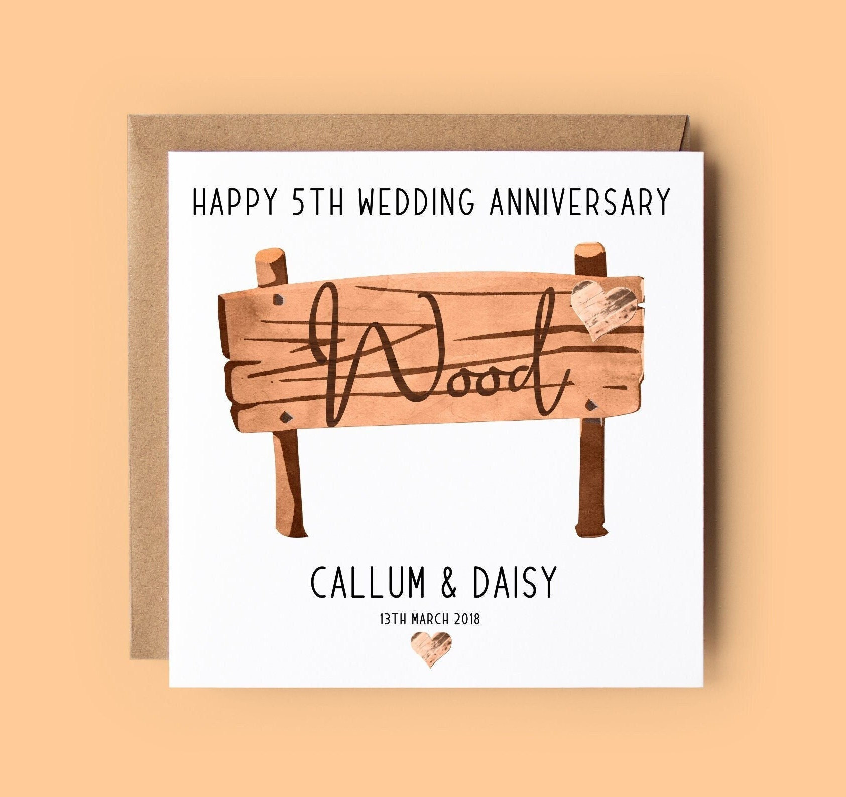 5th Anniversary Card, Wood Anniversary, Personalised Card, 5th Wedding Anniversary, Anniversary Card, Wood, Wedding Anniversary Card