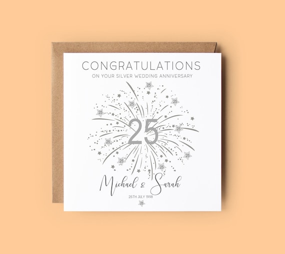 Personalised Silver 25th Anniversary Card: Twenty Five Years, Names & Date, Milestone