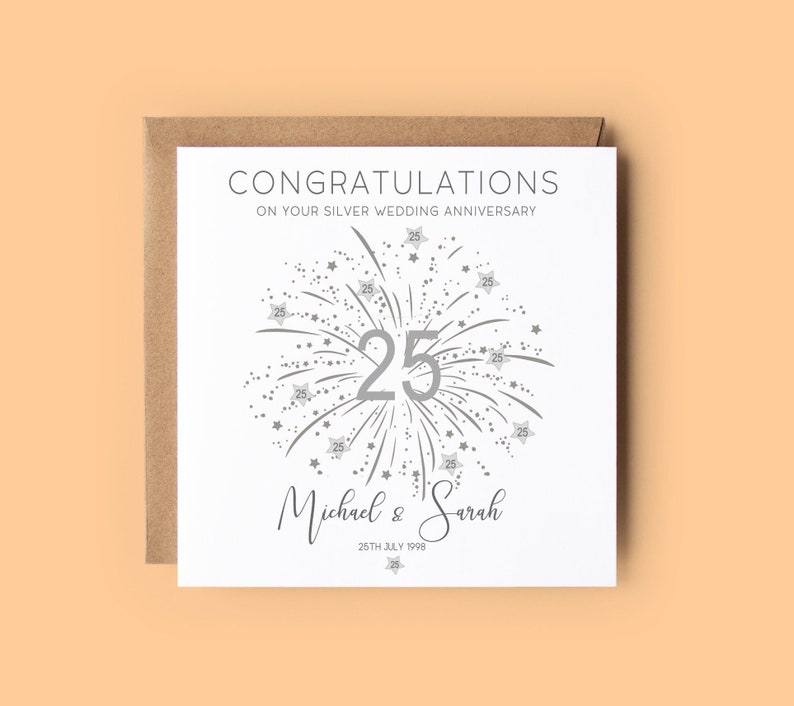 Congratulations on your silver wedding anniversary with silver number 25 and stars, personalised with the couples names and date