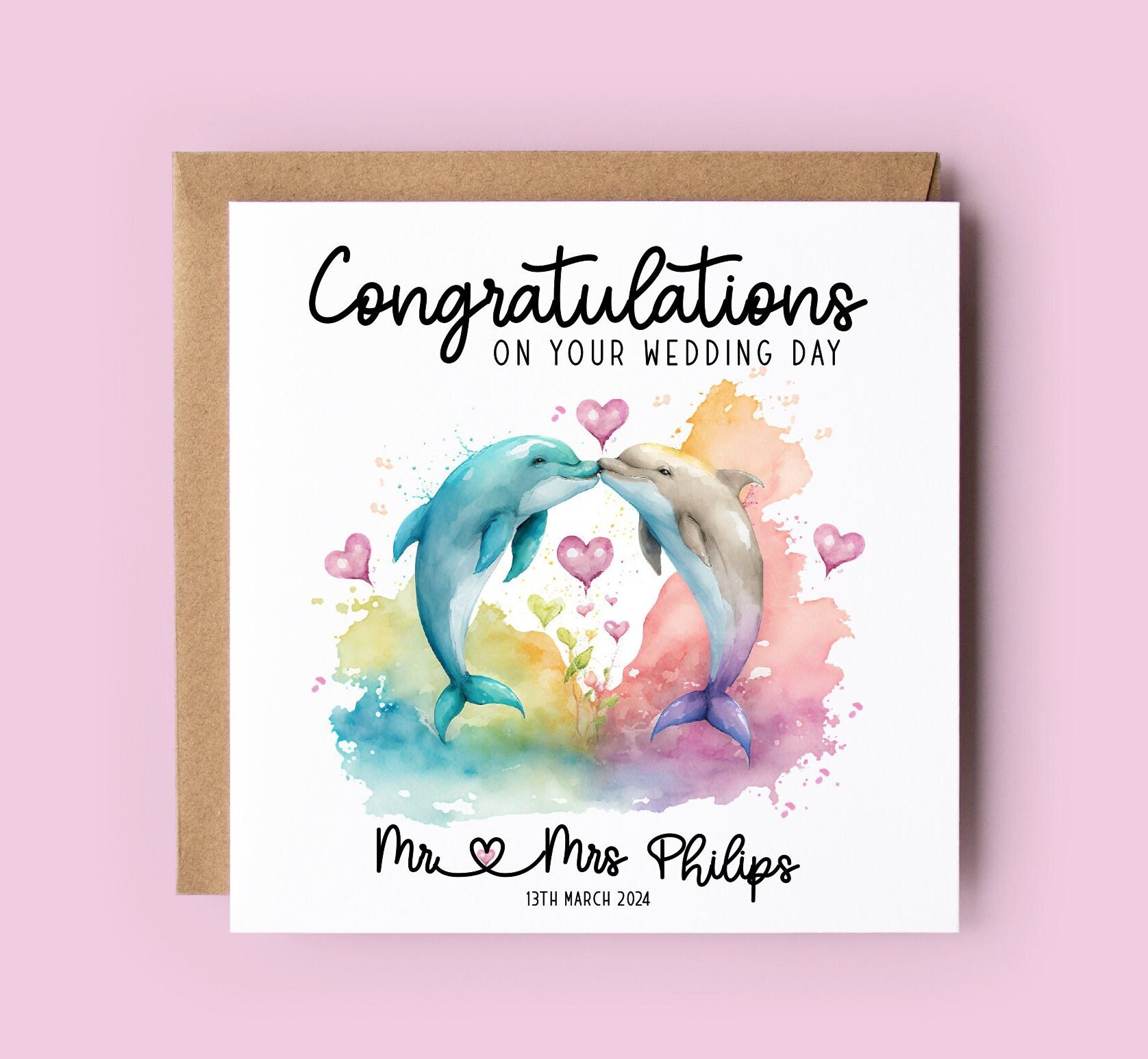 Personalized Dolphin Wedding Card: Mr & Mrs, Congratulations