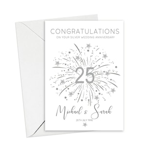 Congratulations on your silver wedding anniversary with silver number 25 and stars, personalised with the couples names and date