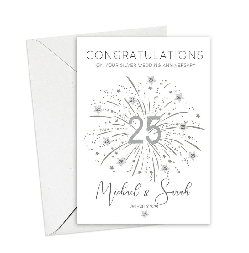 Congratulations on your silver wedding anniversary with silver number 25 and stars, personalised with the couples names and date