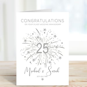 Congratulations on your silver wedding anniversary with silver number 25 and stars, personalised with the couples names and date