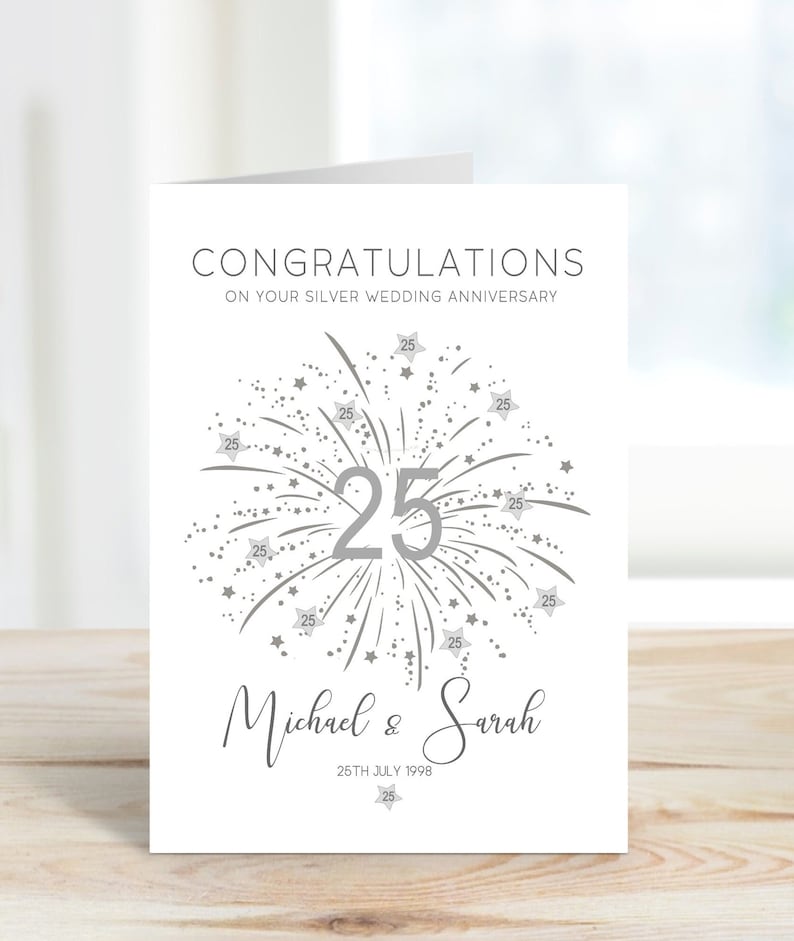 Congratulations on your silver wedding anniversary with silver number 25 and stars, personalised with the couples names and date