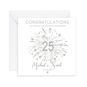 Congratulations on your silver wedding anniversary with silver number 25 and stars, personalised with the couples names and date