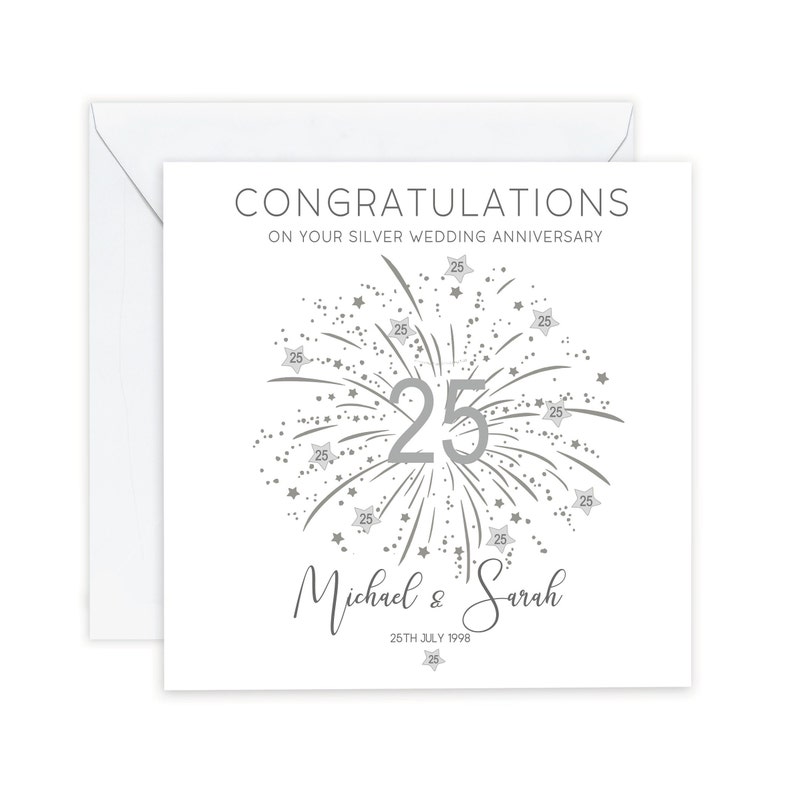Congratulations on your silver wedding anniversary with silver number 25 and stars, personalised with the couples names and date