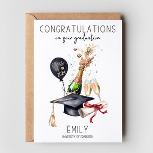 Congratulations on your graduation. Class of 2024 on the balloon. Champagne bottle and glasses. Personalised with the name and university