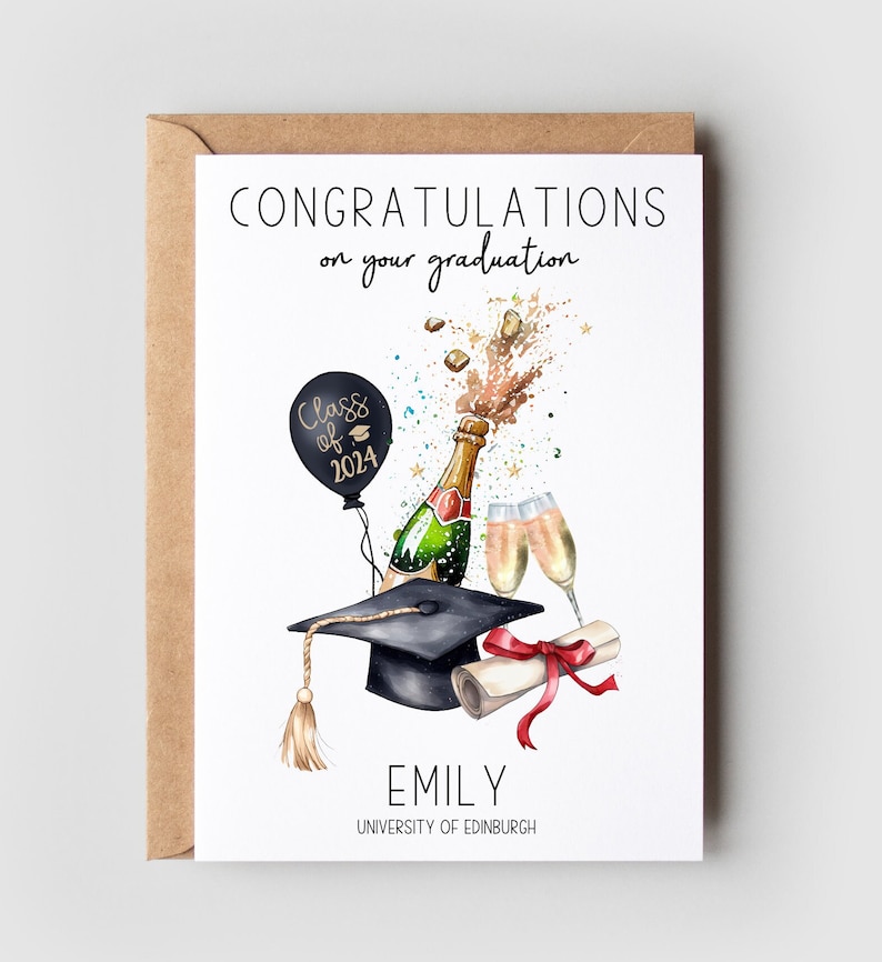 Congratulations on your graduation. Class of 2024 on the balloon. Champagne bottle and glasses. Personalised with the name and university
