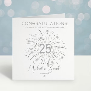 Congratulations on your silver wedding anniversary with silver number 25 and stars, personalised with the couples names and date