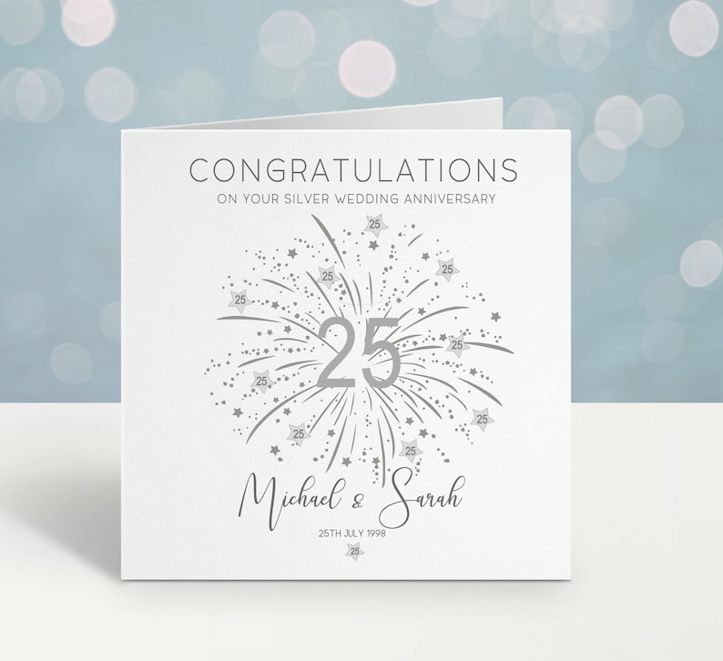 Congratulations on your silver wedding anniversary with silver number 25 and stars, personalised with the couples names and date