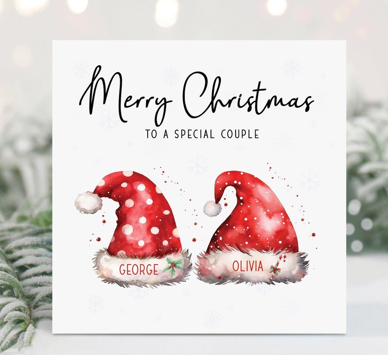 Merry Christmas to a special couple with Santa hats personalised with their names