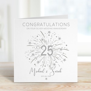 Congratulations on your silver wedding anniversary with silver number 25 and stars, personalised with the couples names and date