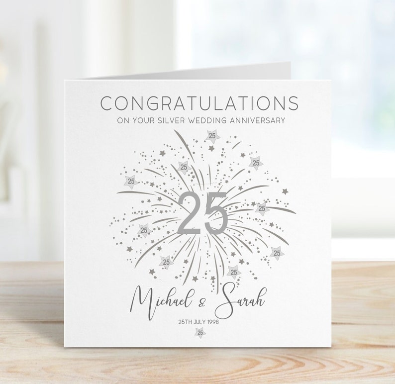 Congratulations on your silver wedding anniversary with silver number 25 and stars, personalised with the couples names and date