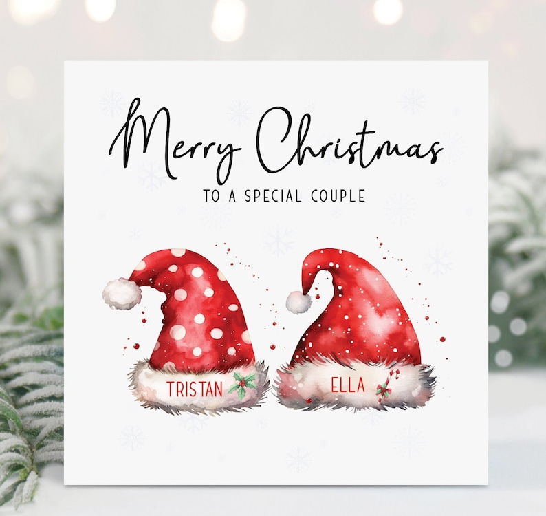 Merry Christmas to a special couple with Santa hats personalised with their names