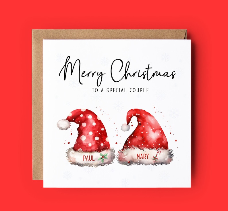 Merry Christmas to a special couple with Santa hats personalised with their names