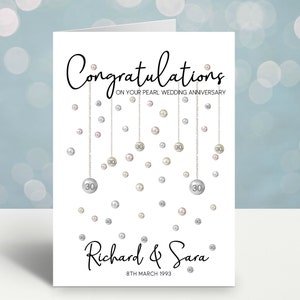 Congratulations on your pearl wedding anniversary. Beautiful hanging pearls and personalised with the couples name and date.