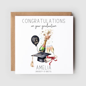 Congratulations on your graduation. Class of 2024 on the balloon. Champagne bottle and glasses. Personalised with the name and university