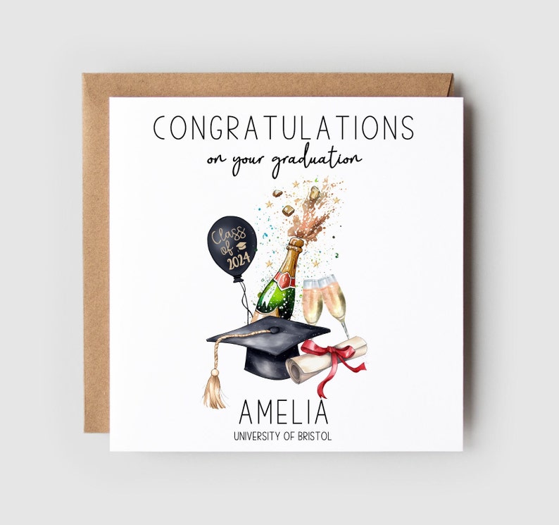 Congratulations on your graduation. Class of 2024 on the balloon. Champagne bottle and glasses. Personalised with the name and university