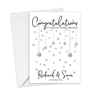 Congratulations on your pearl wedding anniversary. Beautiful hanging pearls and personalised with the couples name and date.