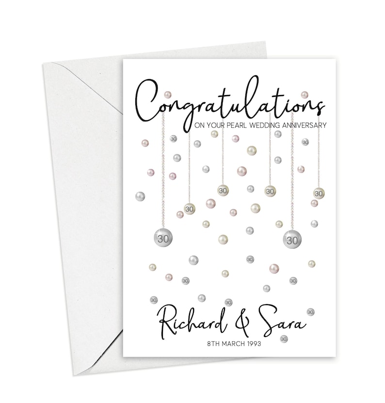 Congratulations on your pearl wedding anniversary. Beautiful hanging pearls and personalised with the couples name and date.