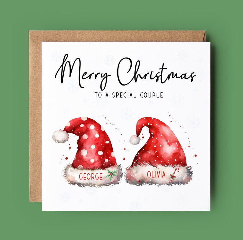 Merry Christmas to a special couple with Santa hats personalised with their names