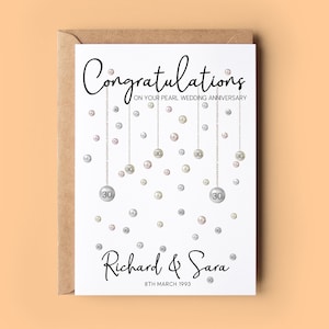 Congratulations on your pearl wedding anniversary. Beautiful hanging pearls and personalised with the couples name and date.