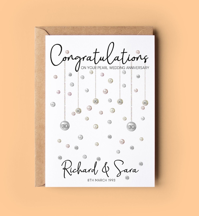 Congratulations on your pearl wedding anniversary. Beautiful hanging pearls and personalised with the couples name and date.