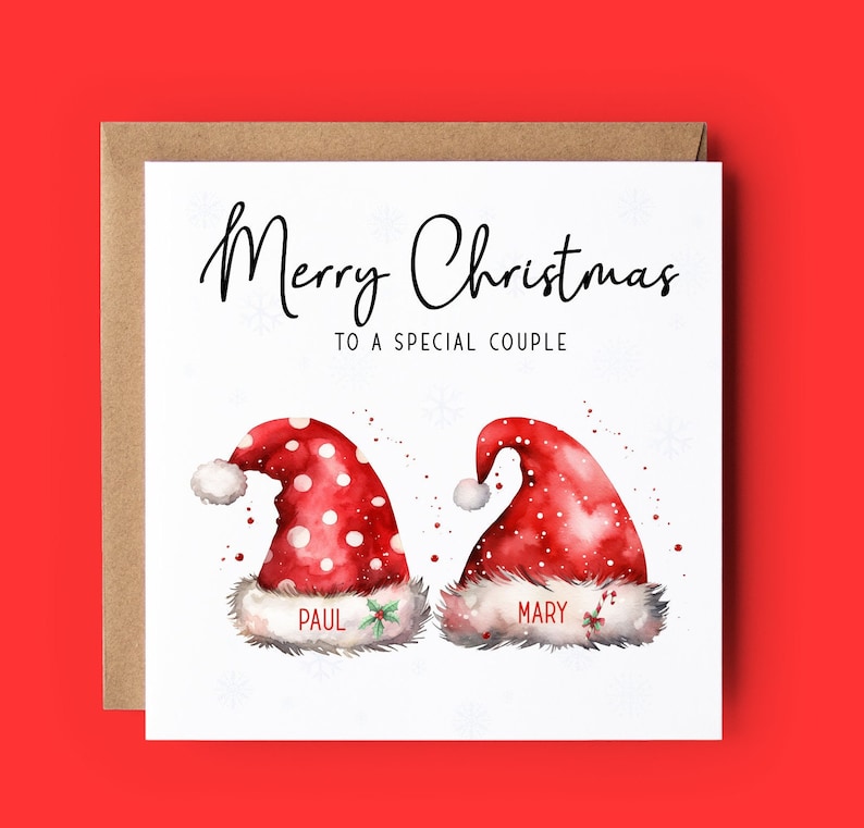 Merry Christmas to a special couple with Santa hats personalised with their names