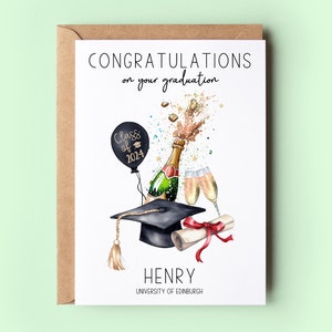 Congratulations on your graduation. Class of 2024 on the balloon. Champagne bottle and glasses. Personalised with the name and university