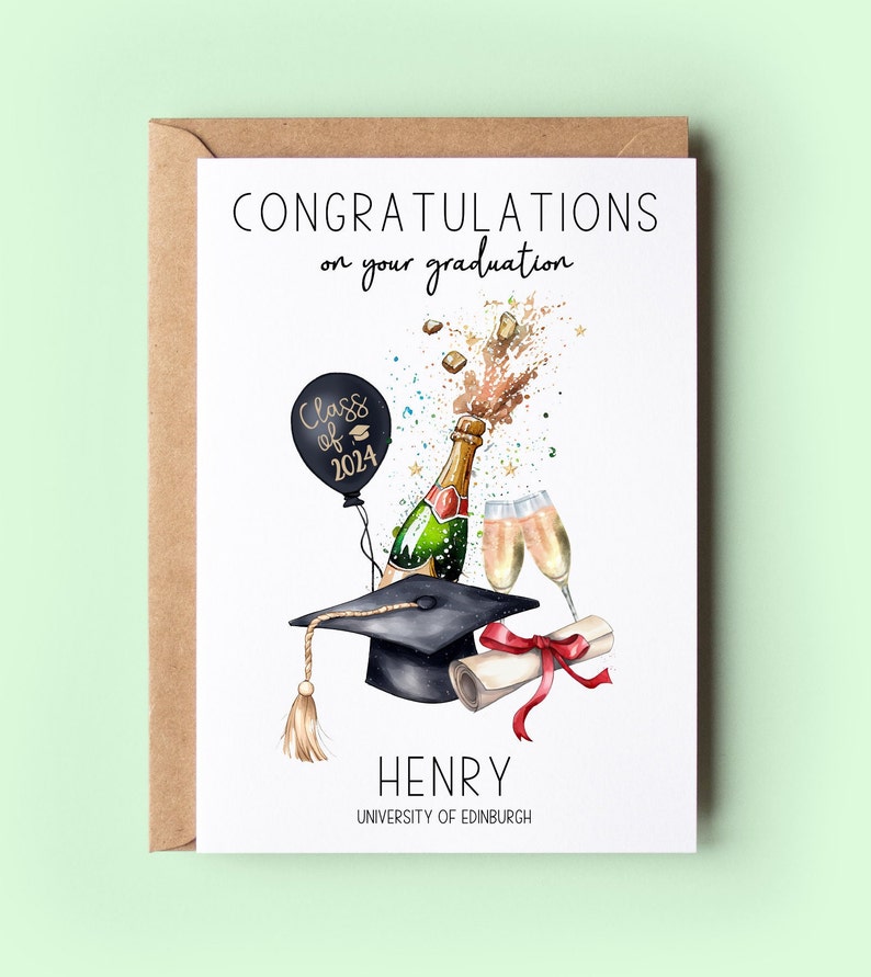 Congratulations on your graduation. Class of 2024 on the balloon. Champagne bottle and glasses. Personalised with the name and university