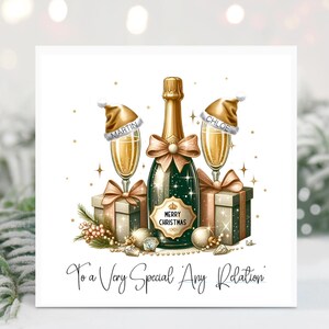 May include: A festive Christmas card design with a champagne bottle and glasses, each with a Santa hat. The card includes gift boxes, baubles, and the text "Merry Christmas" and "To a Very Special Any Relation."