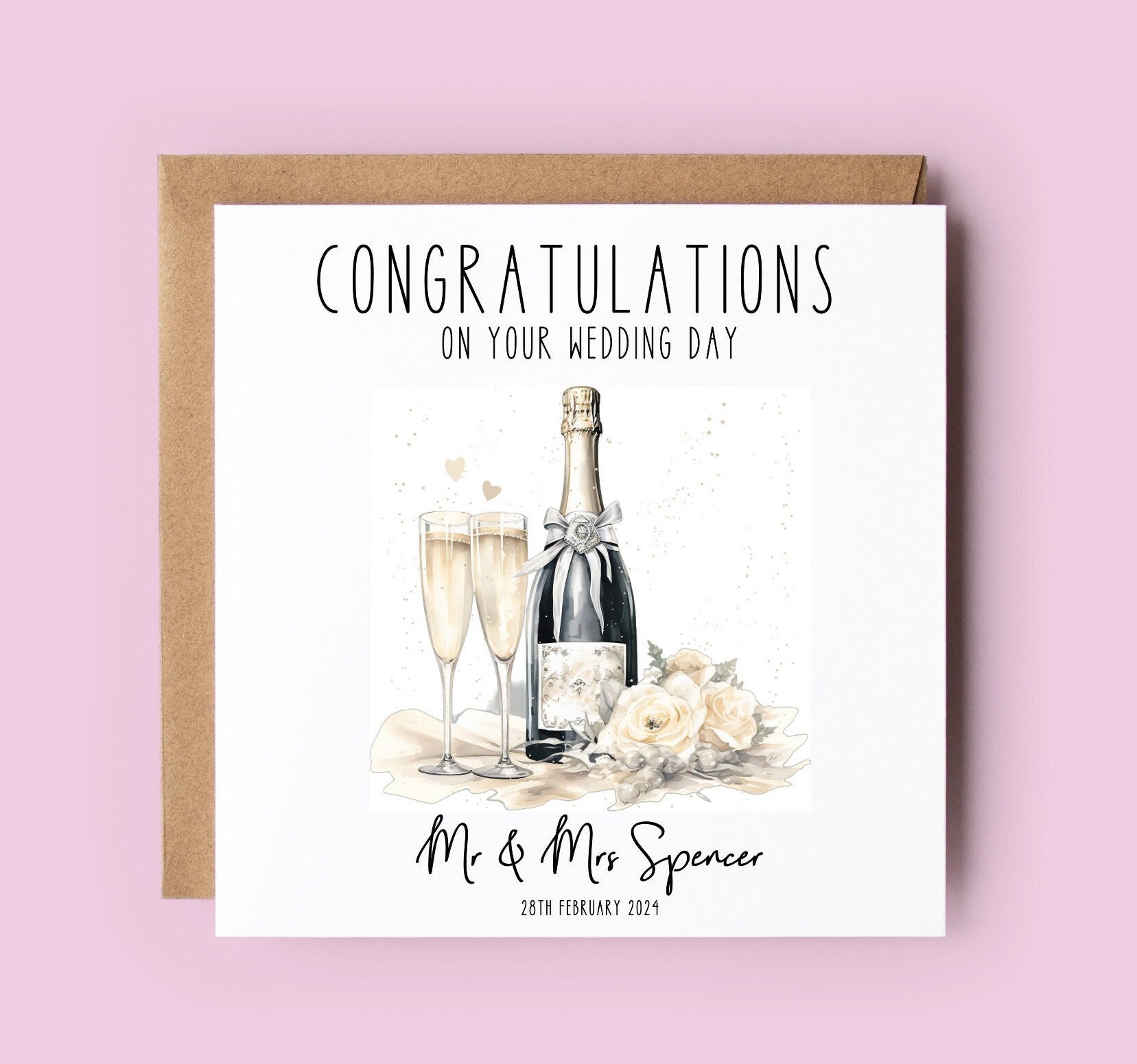Wedding Card, Personalised Wedding Card, Champagne Bottle, Champagne Glasses, Congratulations Card, Just Married, Mr and Mrs,Bride and Groom