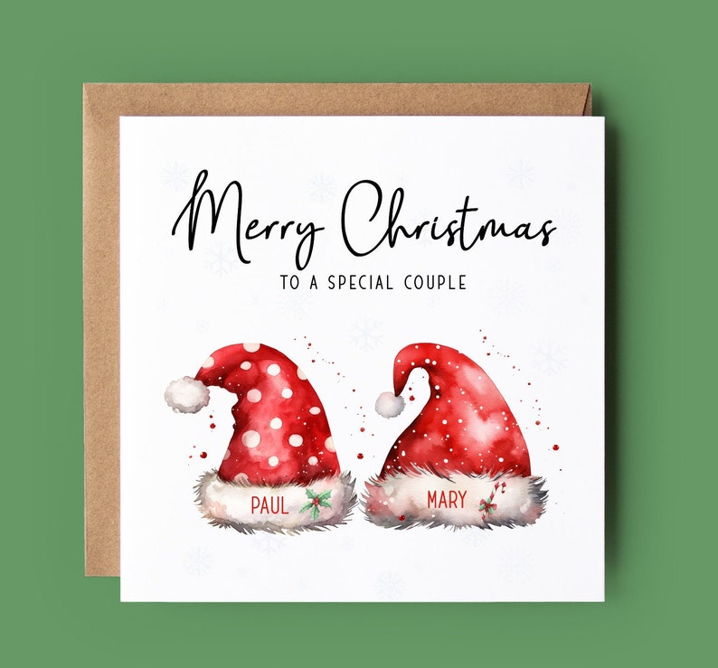 Merry Christmas to a special couple with Santa hats personalised with their names