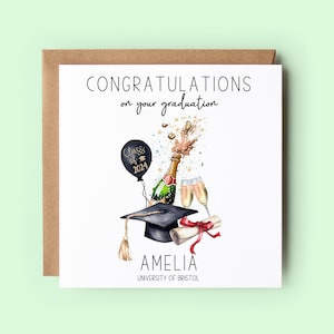 Congratulations on your graduation. Class of 2024 on the balloon. Champagne bottle and glasses. Personalised with the name and university