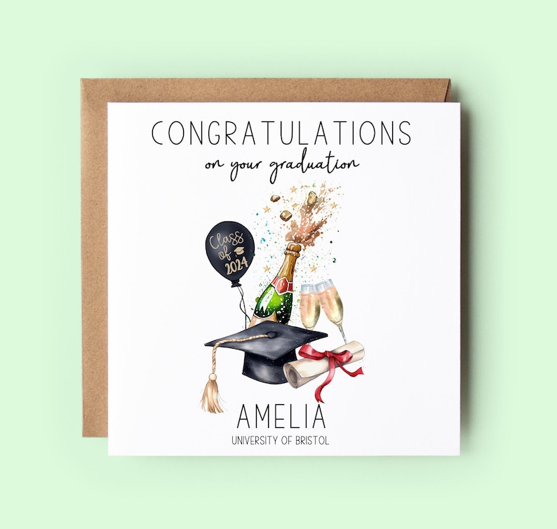 Congratulations on your graduation. Class of 2024 on the balloon. Champagne bottle and glasses. Personalised with the name and university