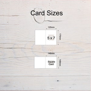 May include: Diagram showing two card sizes. The first card is 5 x 7 inches and measures 125 mm by 175 mm. The second card is a square card measuring 148 mm by 148 mm.