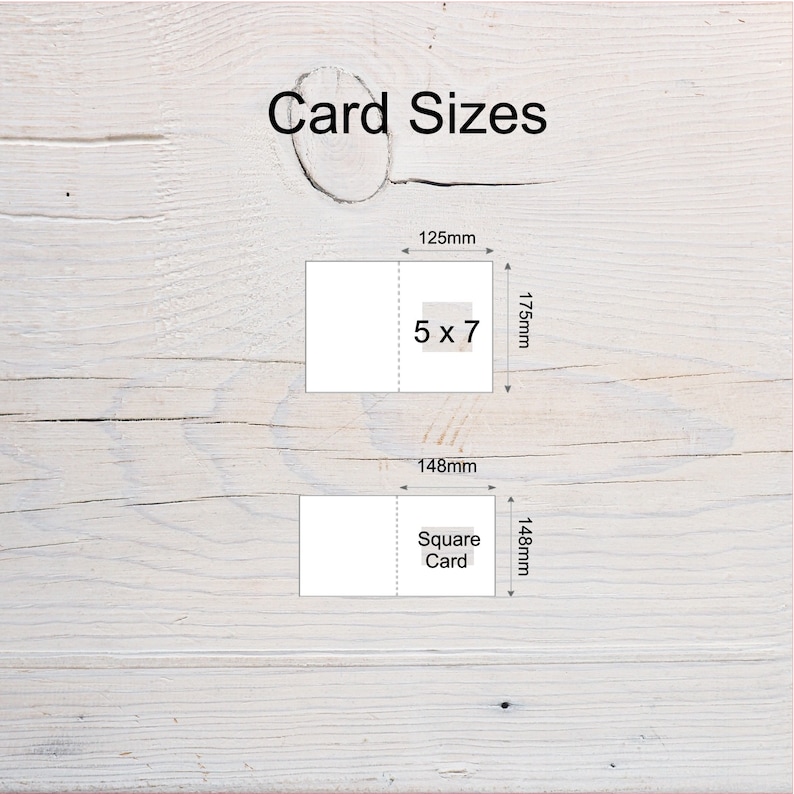 May include: Diagram showing two card sizes. The first card is 5 x 7 inches and measures 125 mm by 175 mm. The second card is a square card measuring 148 mm by 148 mm.
