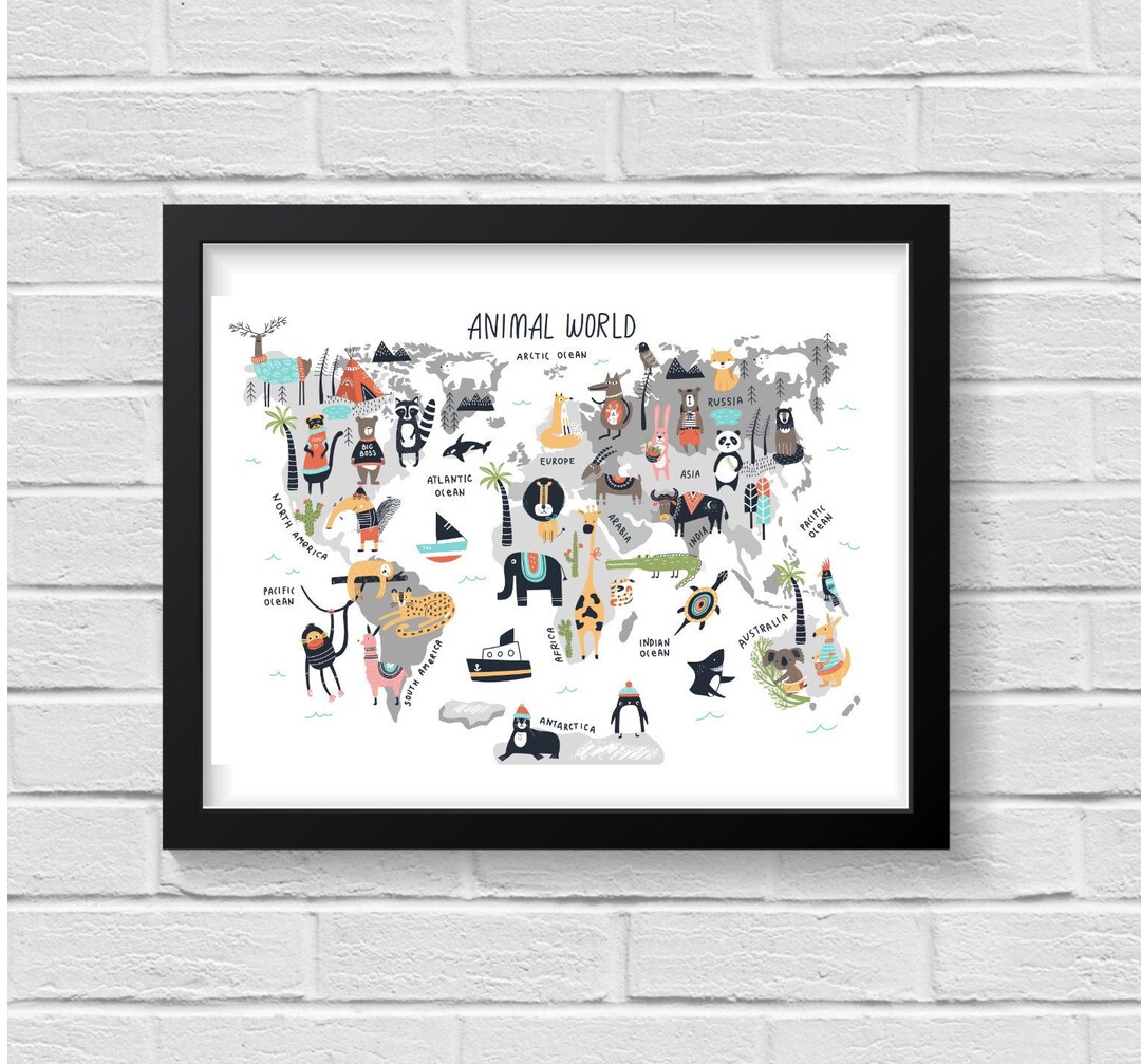 Animal World Map / Animal Map / Nursery Decor / Nursery Wall Art ...