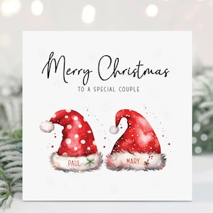 Merry Christmas to a special couple with Santa hats personalised with their names