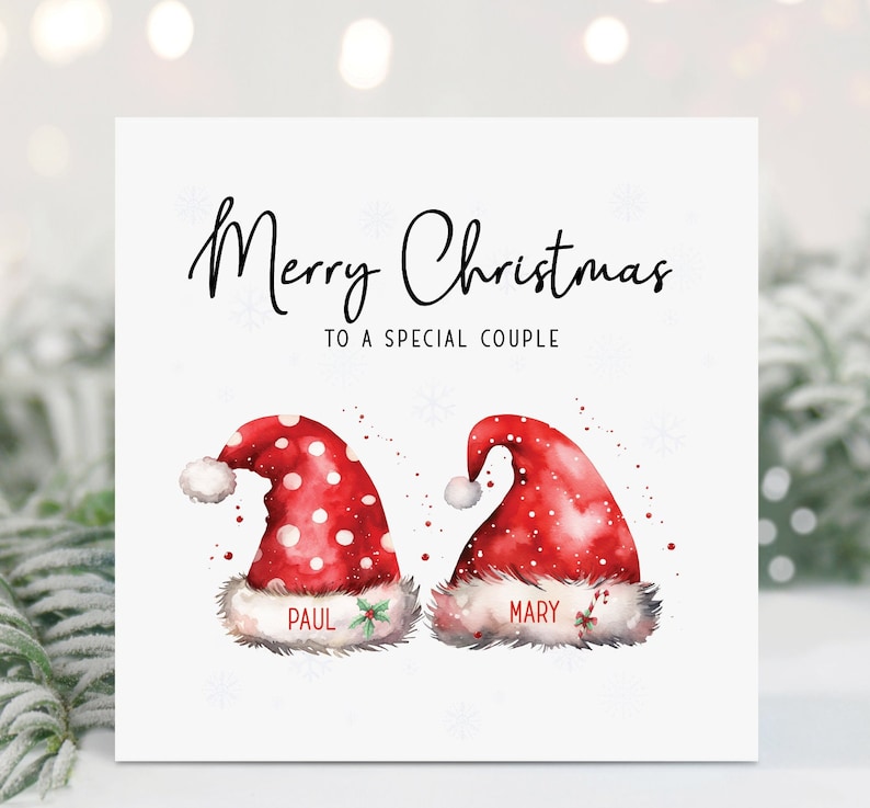 Merry Christmas to a special couple with Santa hats personalised with their names