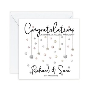 Congratulations on your pearl wedding anniversary. Beautiful hanging pearls and personalised with the couples name and date.