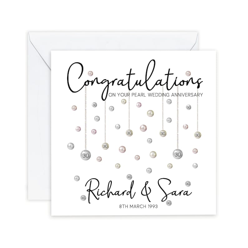 Congratulations on your pearl wedding anniversary. Beautiful hanging pearls and personalised with the couples name and date.