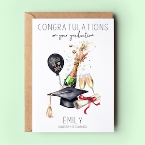 Congratulations on your graduation. Class of 2024 on the balloon. Champagne bottle and glasses. Personalised with the name and university