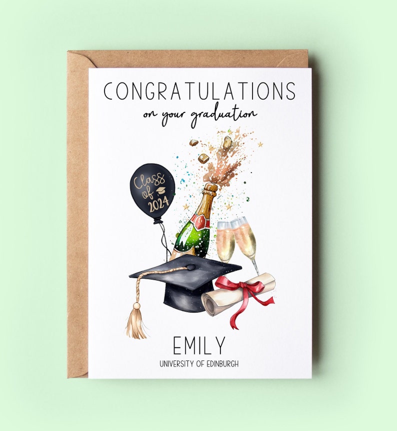 Congratulations on your graduation. Class of 2024 on the balloon. Champagne bottle and glasses. Personalised with the name and university