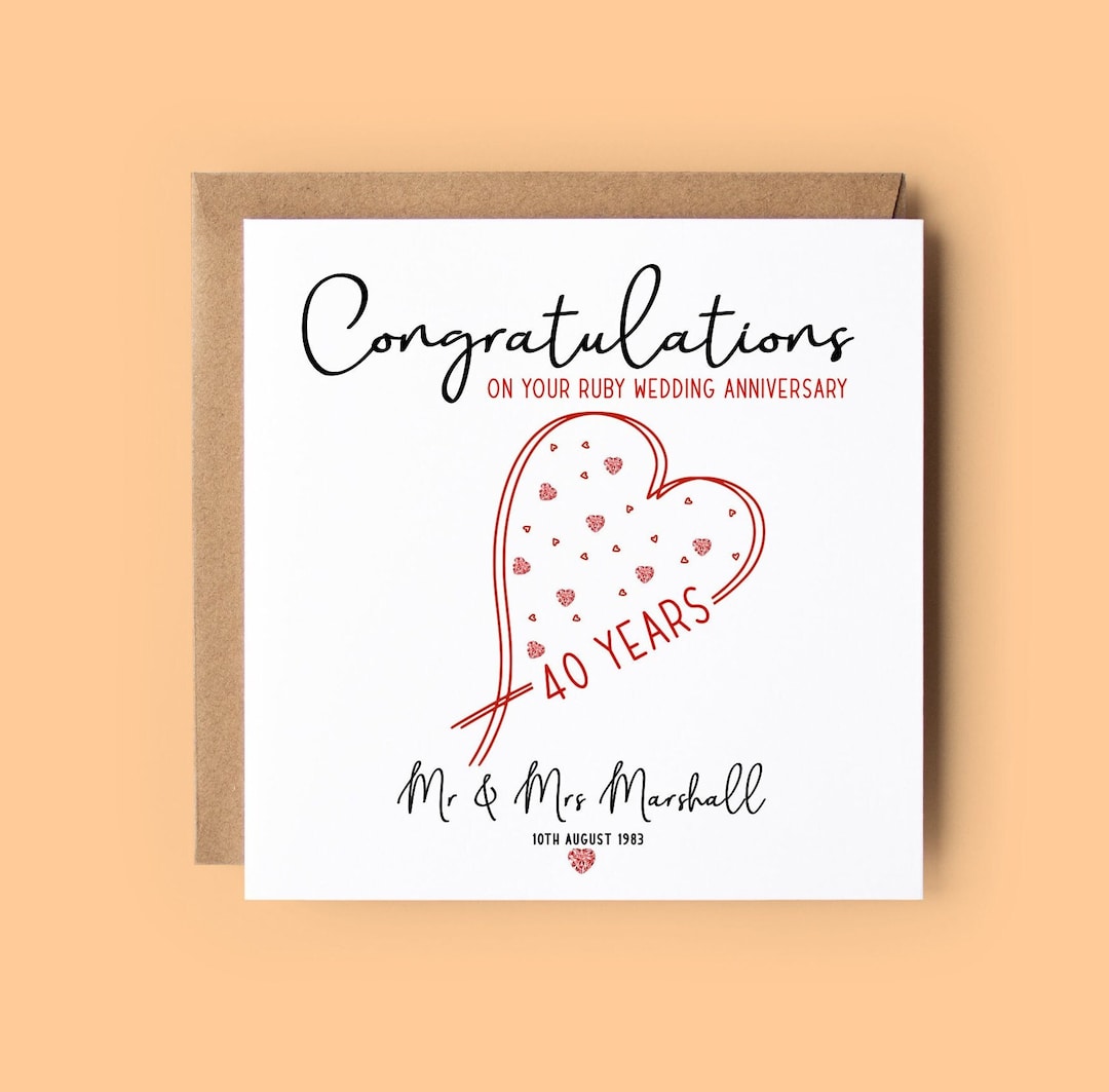 Ruby Anniversary Card, 40th Wedding Anniversary Card, Personalised Card ...