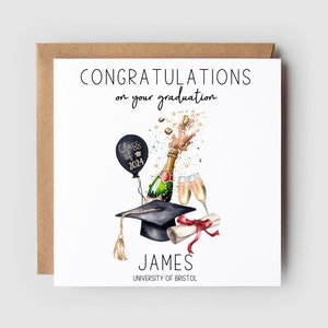 Congratulations on your graduation. Class of 2024 on the balloon. Champagne bottle and glasses. Personalised with the name and university
