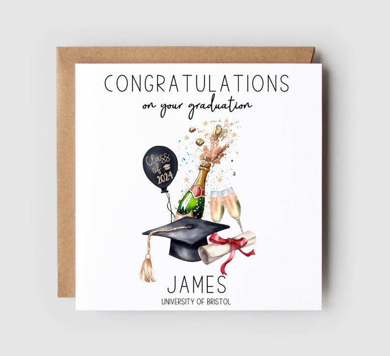 Congratulations on your graduation. Class of 2024 on the balloon. Champagne bottle and glasses. Personalised with the name and university