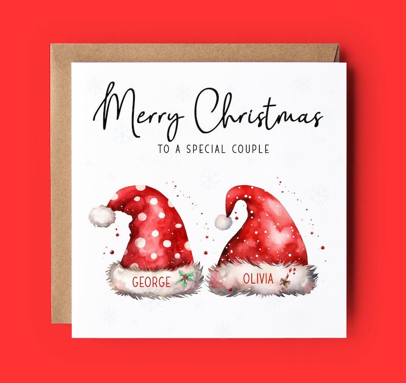 Merry Christmas to a special couple with Santa hats personalised with their names