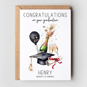 Congratulations on your graduation. Class of 2024 on the balloon. Champagne bottle and glasses. Personalised with the name and university